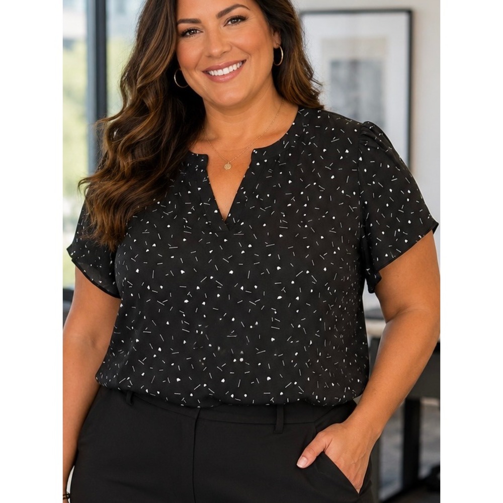 Hilary Radley Womens Blouse Black XXL Short Sleeve Office Work Abstract Casual